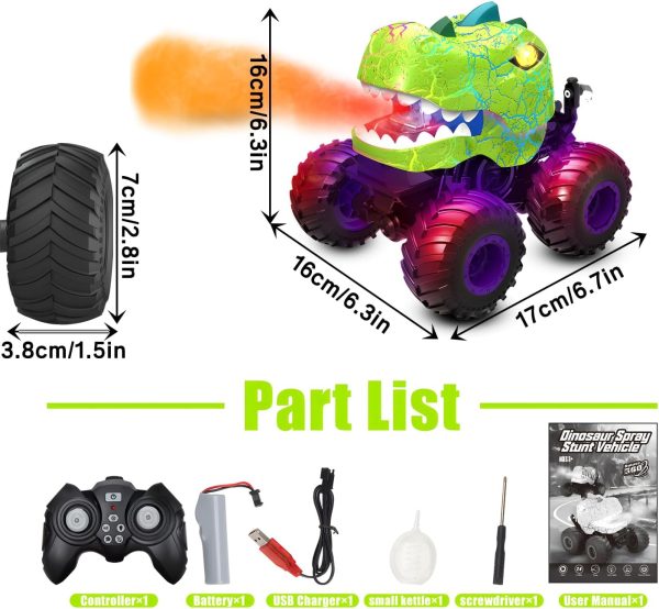 Dinosaur Remote Control Car, 360° Rotating RC Stunt Car Monster Truck Toys with Spray, Light & Sound, 2.4GHz All Terrain RC Cars for Boys Age 4-7, Birthday Gifts for Kids 3-5 6 7 8-12 (Green) - Image 8