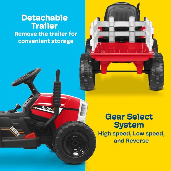 Kidzone 12V 7AH Treaded Tires with Dual 25W Motors Remote Control Battery Powered Electric Tractor with Trailer Toddler Ride On Toy with 3-Gear-Shift 7-LED Lights, MP3 Audio - Red - Image 5