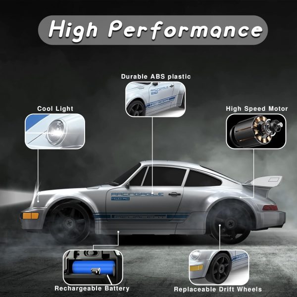 Remote Control Car RC Cars Toys for Boys, 1/24 2.4GHz 4WD RC Drift Car Silver Racing Drift Hobby Racing Car Toys with Light Rechargeable Battery and Drift Tires Xmas Toys for Kids - Image 4