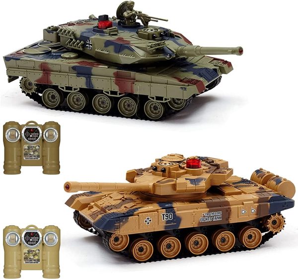 Fistone RC Battle Tank Set, 1/24 Scale 2.4G Remote Control T90 Tank and Leopard Battle Tank with Realistic Sounds, Lights, Life Indicators and Spray Military Toys for Kids and Adults - Image 2