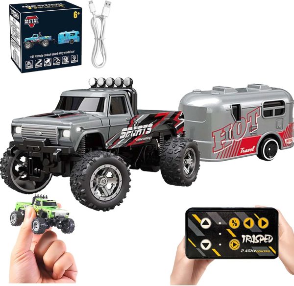 Mini Rc Monster Truck, Mini Monster Trucks, 1:64 Scale Monster Truck Remote Control Car with Lights, Mini Rc Truck with Trailer, Mini Drift Rc Car, 2.4ghz Remote Control (Gray) - Image 2