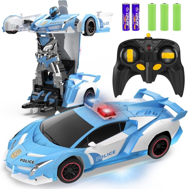 FDJ RC Cars - Transform Remote Control Car, 2.4Ghz 1:18 Scale Transforming Police Car Toy with Flashing Light, One Button Deformation 360 Degree Rotating Drifting Kids Toys Car for Boys Girls - Image 2