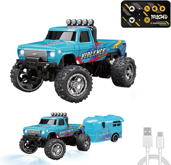 Mini Rc Monster Truck, Mini Rc Truck with Trailer, Mini Rc Monster Truck with Trailer, 1/64 Rc Truck Scale Monster Truck Remote Control Car, 2.4 Ghz Rc Monster Truck (with Trailer Blue) - Image 2