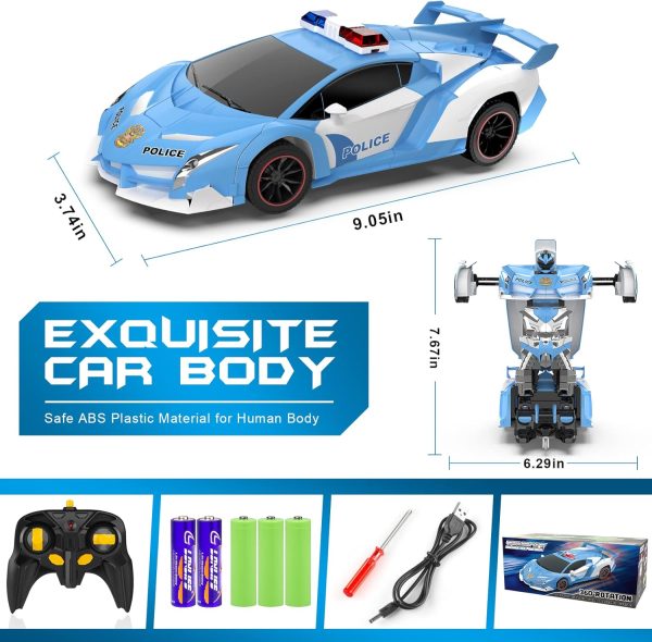 FDJ RC Cars - Transform Remote Control Car, 2.4Ghz 1:18 Scale Transforming Police Car Toy with Flashing Light, One Button Deformation 360 Degree Rotating Drifting Kids Toys Car for Boys Girls - Image 8