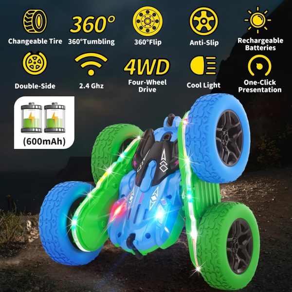 Remote Control Car, RC Cars Toys for Boys Age 5-7, RC Stunt Car Toy with Strip Lights and Headlights, 2.4 Ghz 600mAh Double-Sided 360° Rotating 4WD RC Cars, Fast Race Car Rechargeable Toy for Boys - Image 3