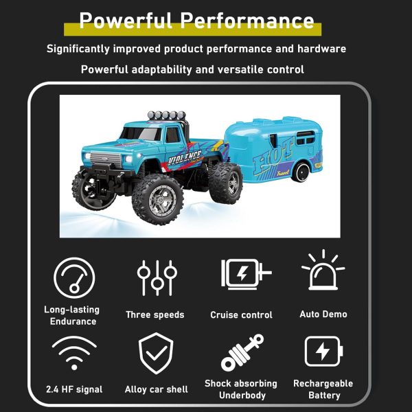 Mini Rc Monster Truck, Mini Rc Truck with Trailer, Mini Rc Monster Truck with Trailer, 1/64 Rc Truck Scale Monster Truck Remote Control Car, 2.4 Ghz Rc Monster Truck (with Trailer Blue) - Image 4