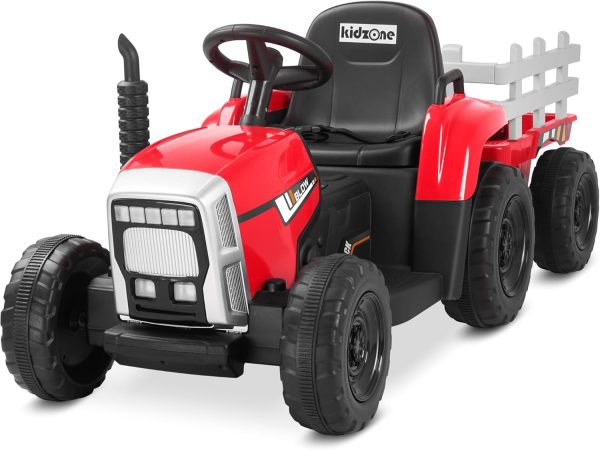 Kidzone 12V 7AH Treaded Tires with Dual 25W Motors Remote Control Battery Powered Electric Tractor with Trailer Toddler Ride On Toy with 3-Gear-Shift 7-LED Lights, MP3 Audio - Red - Image 2