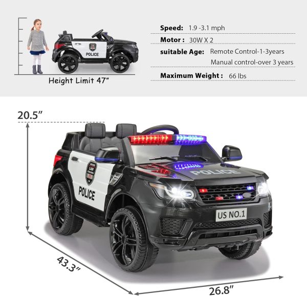 TOBBI Police Car Ride on Electric Car for Kids - Second Day Delivery - Battery Powered Ride-on Toys Cop Cars with Remote Control, Siren, Flashing Lights, Music, Spring Suspension, Carbon Black - Image 7