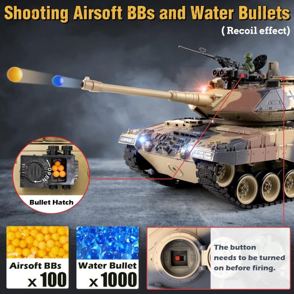 1:18 RC Tank, 2.4Ghz German Leopard II Remote Control Model Toys, RC Vehicle Tank That Shoots BBS and Water Bombs for Adults and Kids, Military Army Toys with Smoke, Lights, Sound and Recoil - Image 6