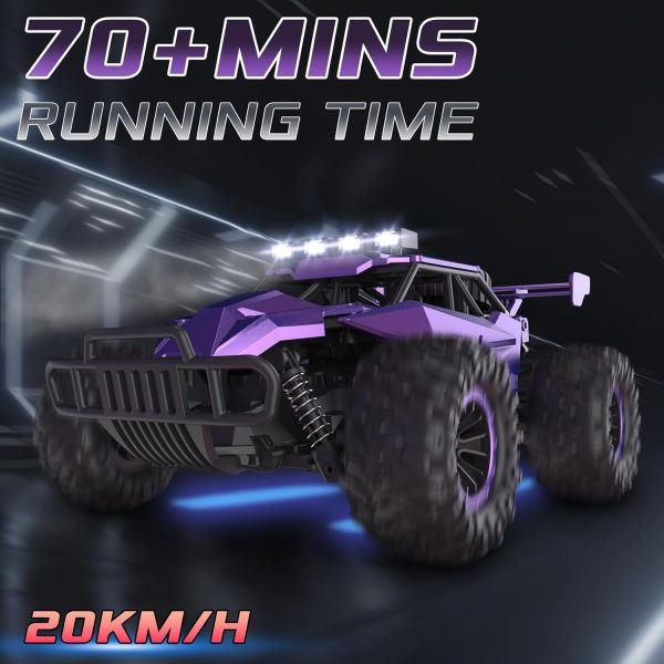 1:16 Scale Purple Remote Control Car, 20 Km/h High Speed Girls Remote Control Car Monster Vehicle with LED Headlights and Chassis Lights, RC Truck for Girls Boys and Adults - Image 4