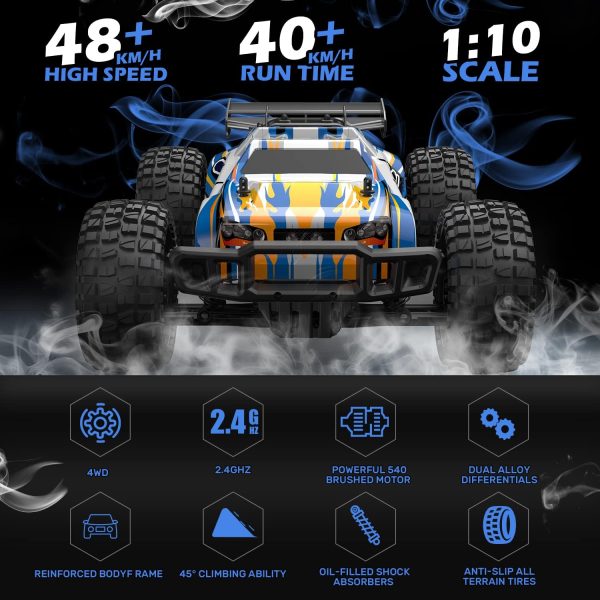 Holyton 1:10 Large High Speed Remote Control Car with LED Shell Lights, 48+ KM/H, 4WD Offroad Monster Truck for Adults & Kids, Hobby RC Truck Vehicle, 2 Battery Crawler Toy Gift for Boy - Image 5