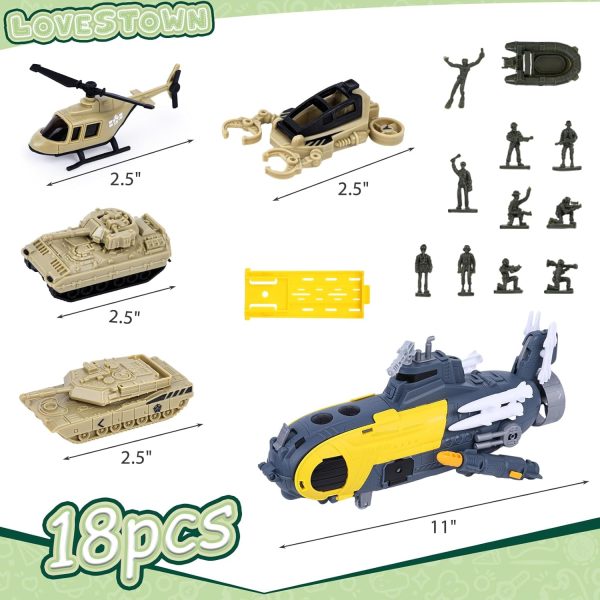 LovesTown 18PCS Army Toys for Kids, Submarinee Toy Military Vehicles Army Men Tanks Set with Soldier Men for Kids Boys Birthday Gifts - Image 3