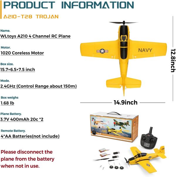 CKYSCHN WLtoys A210 4Ch RC Plane, T28 Trojan RC Airplanes with 6G/3D Mode, 2.4G Remote Control RC Airplanes Gifts for Adults Boys, Foam RC Planes with 2 Battery (T28 Trojan-1) - Image 6