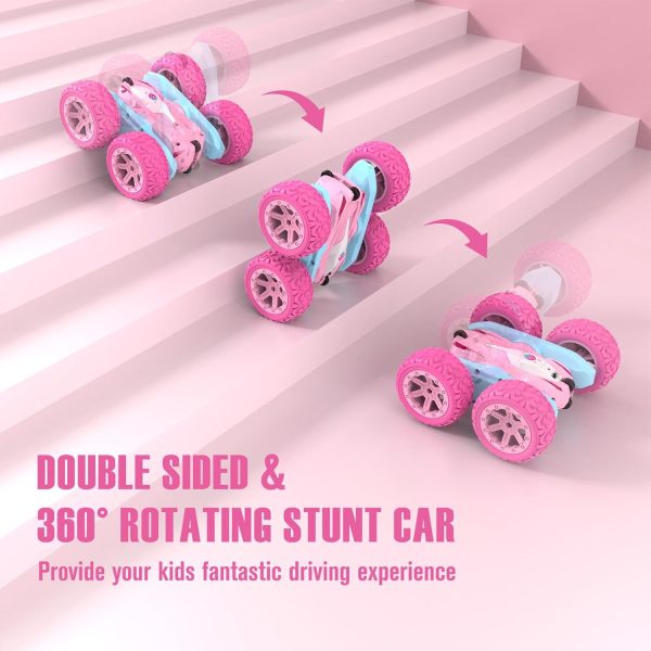 Remote Control Car, Pink RC Cars for Girls, Rechargeable RC Truck, 2.4Ghz Double Sided 360° Rotating Stunt Car Toy with Headlights, Birthday Gift for Kids Age 3+ - Image 3