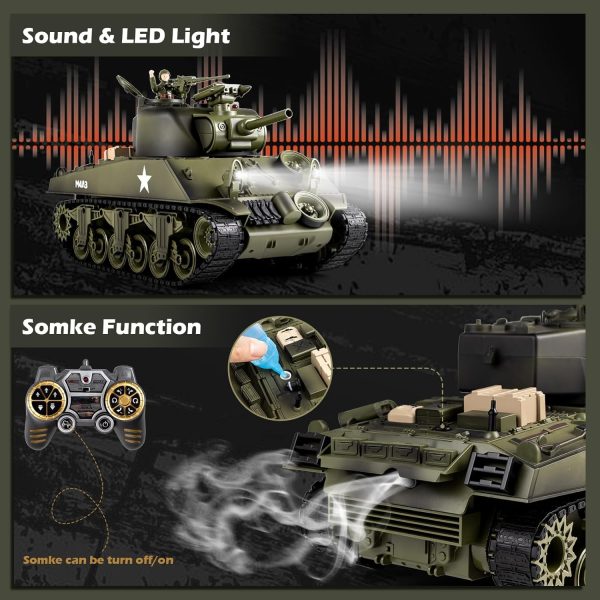 1/18 RC Tank, Sherman M4A3 Remote Control Tank with Sound & Somke & BBS & Water Bombs & Recoil Force, 2.4 GHz Army Tank Toys for Adults & Kids - Image 6