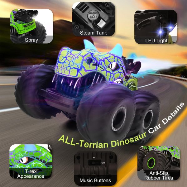 Remote Control Dinosaur Car Toys for Kid Boys, 2.4GHz RC Monster Truck Toys with Spray, Light, Sound, All Terrain Rechargeable Electric RC Car Toy, Gifts for 4-7 8-12 Kids (Green) - Image 6