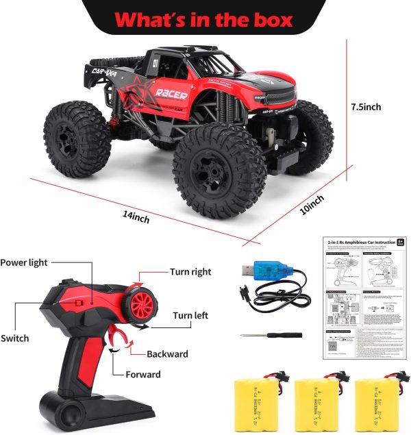 RC Trucks 4x4 Offroad Waterproof - 1:12 Scale Large Amphibious Remote Control Car, Dual Motors Crawler Vehicle, Monster Toys with 3 Rechargeable Batteries, Best Gift for Kids Adults - Image 8