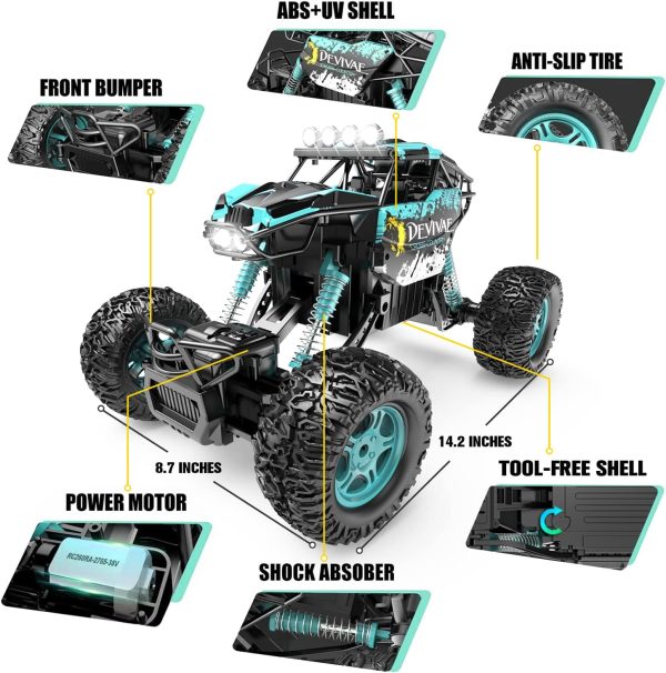 CROBOLL 1:12 Large Remote Control Car for Boys Kids with Lifting Function,4WD RC Cars Electric Monster Truck Toy Gifts 4X4 Off-Road RC Rock Crawler 2.4GHz All Terrain RC Truck with 2 Batteries(Cyan) - Image 7