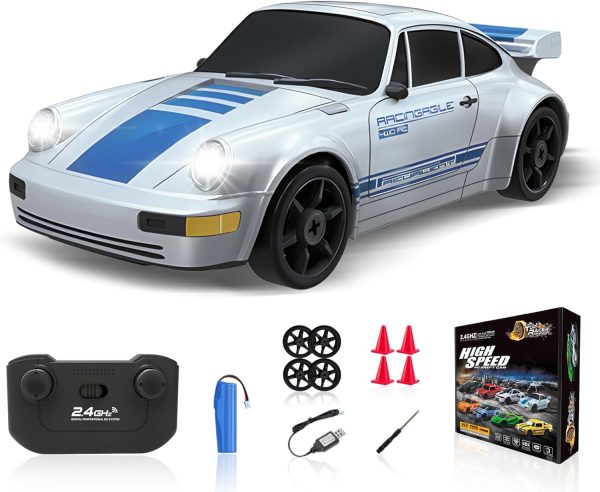 Remote Control Car RC Cars Toys for Boys, 1/24 2.4GHz 4WD RC Drift Car Silver Racing Drift Hobby Racing Car Toys with Light Rechargeable Battery and Drift Tires Xmas Toys for Kids - Image 2