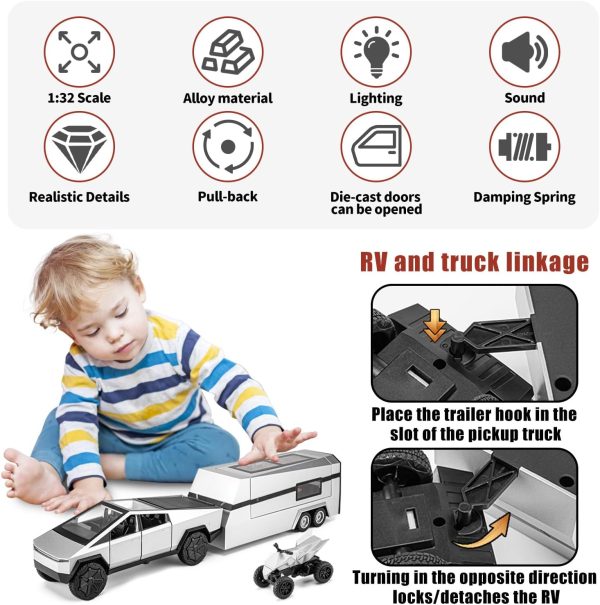 Cybertruck Toy for Kids, Pickup Truck with RV Motorcycle Cybertquad Metal Die-cast Model Car, 1/32 Toy Truck and Trailer with Sound/Light/Pull Back, Ideal Gift for Boys Aged 6 and Up (Silver) - Image 4