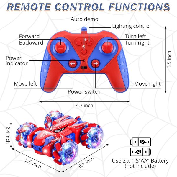 Spider Remote Control Car, 2.4Ghz RC Cars with Headlight Double Sided Off-Road 360° Rotating RC Drift Car Toys, Rechargeable 4WD RC Stunt Car Indoor Outdoor Spider Toys for Boys 4-6 5-7 8-13 - Image 7