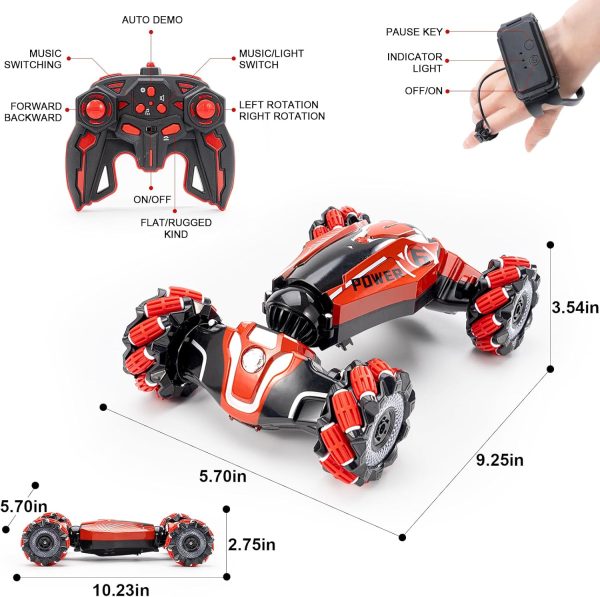 Gesture Sensing RC Stunt car, 4WD Drive Watch Remote-Controlled Vehicle, Bidirectional Drifting Off-Road Vehicle with Music and Lights Toys for Boys,Presents for Kids(RED) - Image 9