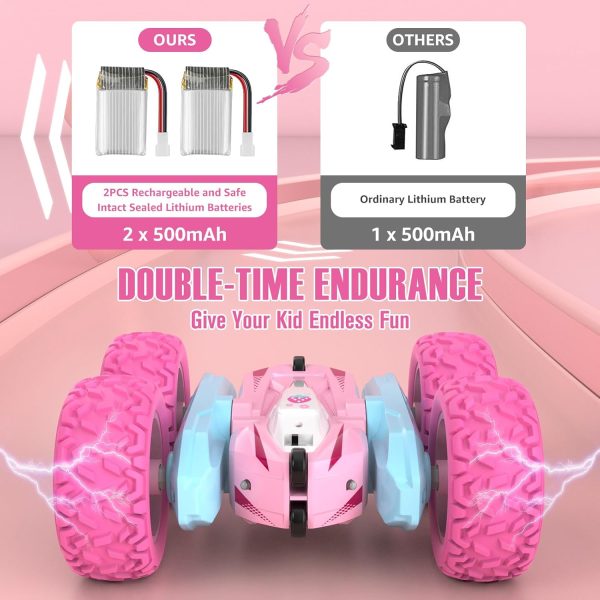 Remote Control Car, Pink RC Cars for Girls, Rechargeable RC Truck, 2.4Ghz Double Sided 360° Rotating Stunt Car Toy with Headlights, Birthday Gift for Kids Age 3+ - Image 6