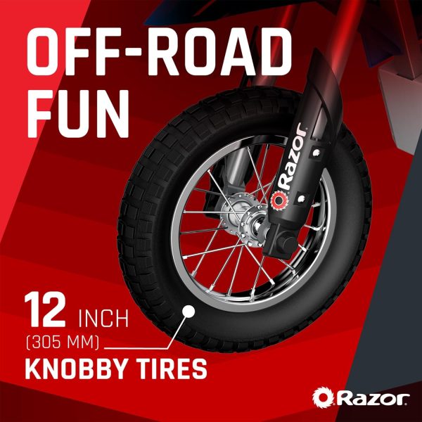 Razor MX350 Dirt Rocket Electric Motocross Off-Road Bike for Age 13+, Up to 30 Minutes Continuous Ride Time, 12" Air-Filled Tires, Hand-Operated Rear Brake, Twist Grip Throttle, Chain-Driven Motor - Image 4