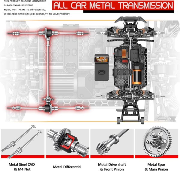 1/14 Brushless RC Car for Adults and Boys, Full Roll-Cage Frame, 4WD High-Speed 50 km/h, All-Terrain Remote Control RC Truck with Two 2S 1500 mAh LiPo Batteries, Compatible with 3S LiPo - Image 4