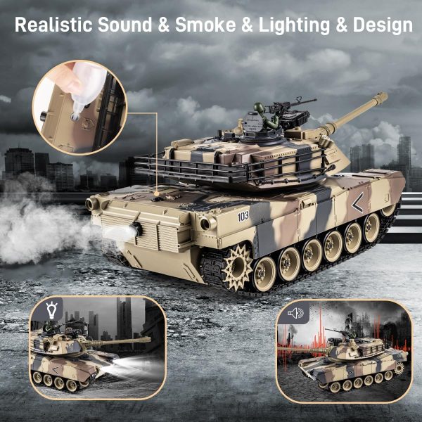 1:18 RC Tank, 2.4Ghz US M1A2 Remote Control Tank Model Toys, 15 Channel Battle Army Tank with Smoke Effects, Light and Sound, RC Military Truck for Adults and Kids That Shoots BBS, Water Bombs - Image 4