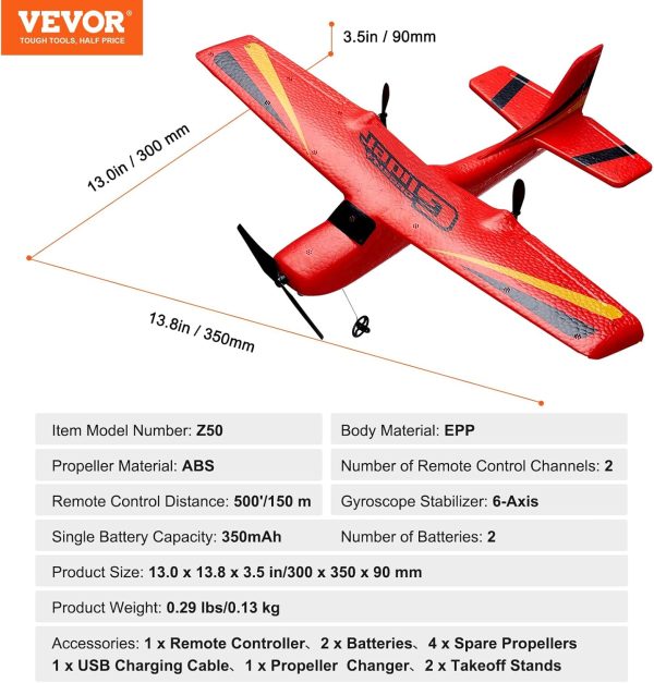 VEVOR RC Airplane, 2.4GHz 2 Channel Remote Control Aircraft with 6-Axis Gyro Stabilizer, Ready to Fly Aircraft Toy with 2 Batteries, RC Sailplane for Kids, Beginners, Red - Image 8