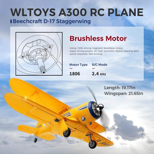 CKYSCHN WLtoys A300 4-Ch RC Plane, Beechcraft D-17 RC Airplanes with Lights, 6G/3D Brushless RC Planes with 2 Batteries, 2.4G Remote Control RC Airplanes Gifts for Adults (Yellow) - Image 3