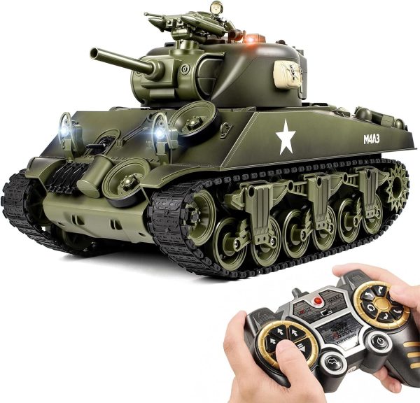 1/18 RC Tank, Sherman M4A3 Remote Control Tank with Sound & Somke & BBS & Water Bombs & Recoil Force, 2.4 GHz Army Tank Toys for Adults & Kids - Image 2