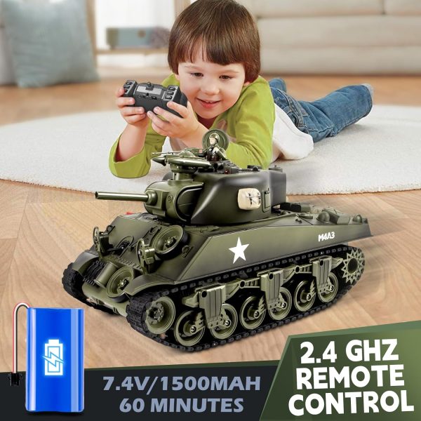 1/18 RC Tank, Sherman M4A3 Remote Control Tank with Sound & Somke & BBS & Water Bombs & Recoil Force, 2.4 GHz Army Tank Toys for Adults & Kids - Image 7