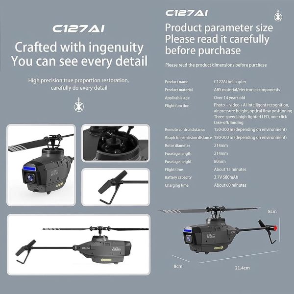 C127AI Scout RC Helicopter with 1080P Camera, 4CH AI Intelligent Remote Control Helicopter with 6-Axis Gyro One Key Take Off/Landing Optical Flow Positioning - Image 8