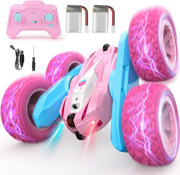 Remote Control Car, Pink RC Cars for Girls, Rechargeable RC Truck, 2.4Ghz Double Sided 360° Rotating Stunt Car Toy with Headlights, Birthday Gift for Kids Age 3+ - Image 2