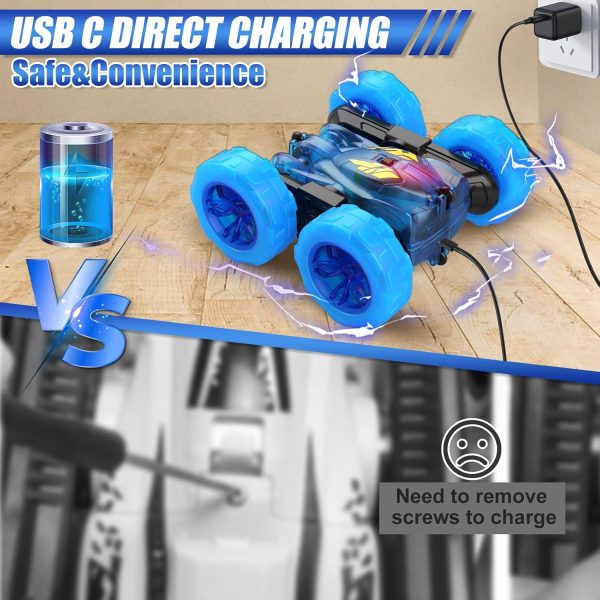 Remote Control Car,Rechargeable Fast Direct Charging RC Cars for Kids with Colorful Light,Double-Sided 360° Rotating RC Stunt Car 4WD RC Truck Car Toys for Ages 5-7 Gift for Boys Girls Ages 8-12 Blue - Image 3