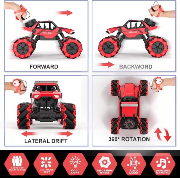 NQD Gesture Remote Control Car - 4WD Off-Road 1:14 Big Monster Stunt Car with 360° Spins All Terrain Hand Controlled Sensor Toy Cars with Lights Music for Kids Boys & Girls Birthday Gifts (RED) - Image 6