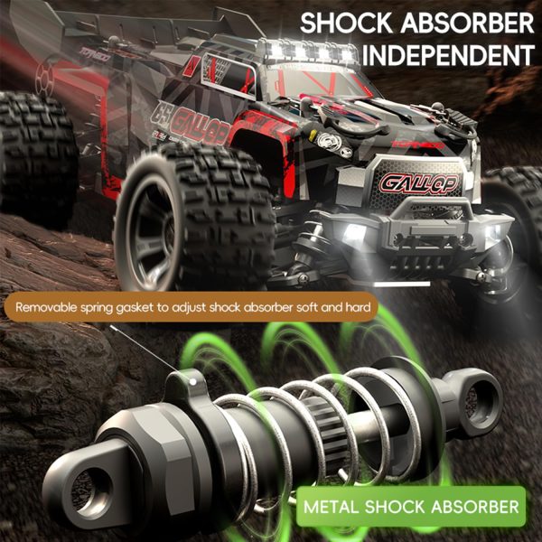 1:18 Scale RC Monster Truck 40km/h Speed 4X4 All Terrain Off-Road RC Truck, Waterproof Electric RC Vehicle with Roof Lights and Heads Up Wheels with 2 Batteries (Red) - Image 6