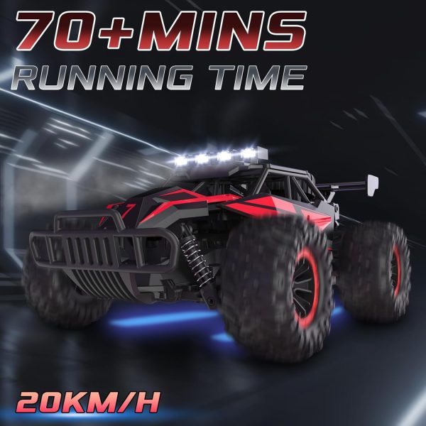 1:16 Scale Remote Control Car, 20 Km/h High Speed Remote Control Truck Off Road RC Monster Vehicle with LED Headlights and Chassis Lights, Electric Toy for Boys Kids and Adults - Image 4