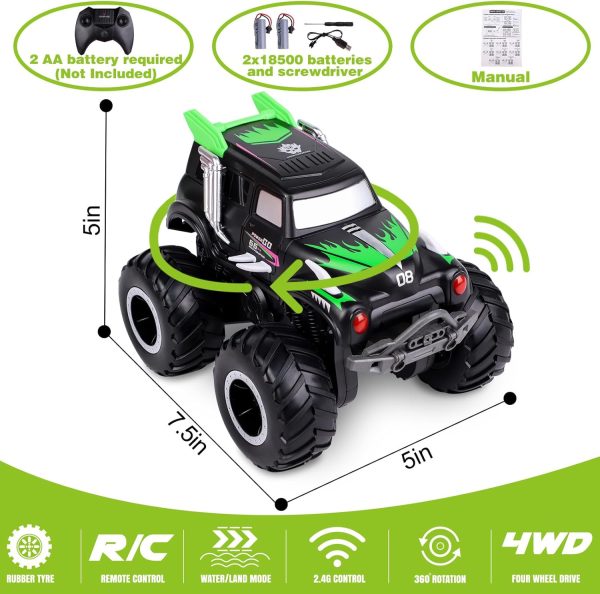 Amphibious Remote Control Cars, 1/20 Stunt RC Rock Crawler Monster Truck Toy with Two Alternative Rechargeable Batteries, All-Terrain 4WD Off-Road Vehicle Toys Gift for Kids Age 8-12 Green - Image 7