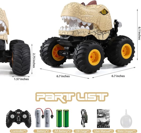 Remote Control Car, 2.4Ghz All Terrain Dinosaur Monster Truck Toys, RC Truck with Spay, Music, 3 Lighting Effects, Stunt Capable, Toy Gifts for Boys and Girls (Yellow) - Image 3