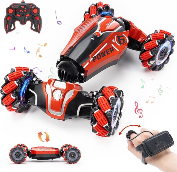 Gesture Sensing RC Stunt car, 4WD Drive Watch Remote-Controlled Vehicle, Bidirectional Drifting Off-Road Vehicle with Music and Lights Toys for Boys,Presents for Kids(RED) - Image 2