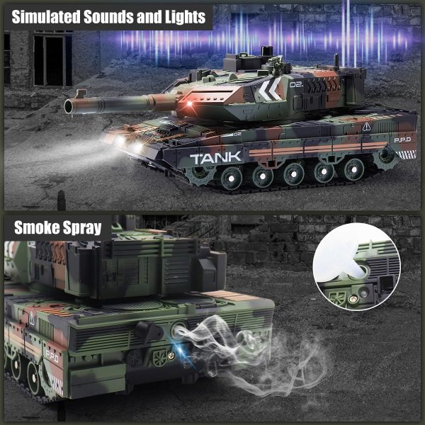 RC Tank That Shoots for Kids Adults, 2.4G Remote Control Army Tank Toys with Auto Demo Sound Light Smoke, 13 Channel Military Vehicles Model Gift for Boys, Army Green - Image 4