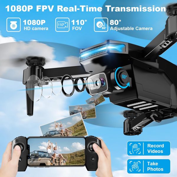 Drone with 1080P Camera - Foldable Remote Control Quadcopter with Voice Gesture Control, 3D Flip, One Key Start, Emergency Stop, 2 Batteries, Easier to use, Toy for Kids Adult Beginners - Image 3