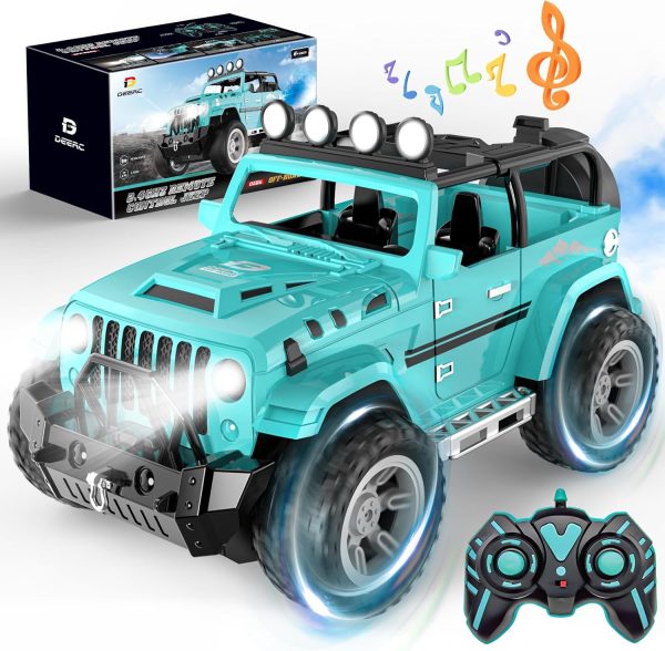 DEERC Remote Control Car with Fog Mist & Music, 1:16 Remote Control Truck for Boys, 2.4Ghz RC Car Toy with 2 Batteries, All Terrain SUV Gifts Crawler with Trailer Hitch - Image 2