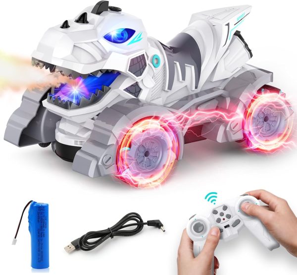 Remote Control Cars Dinosaur Trucks, 2.4 GHz Rechargeable RC Cars Dinosaur Toys for Boys Kids Age 4-7 8-12 With Light Sound Spray, 360°Rotation Drift 1:14 RC Dino Monster Truck, Gifts for Boys (White) - Image 2