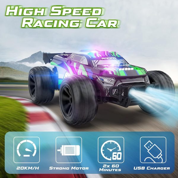 Remote Control Car - 20km/h 2.4GHz High Speed RC Cars, Off Road Hobby RC Racing Car with 2 Rechargeable Batteries & LedLights, Toy Car Gift for 3 4 5 6 7 8 Year Old Boys Girls Kids - Image 3