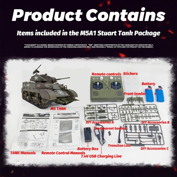 Remote Control Light Tank US M5A1 Stuart Tank 1/16 War RC Military Vehicle Simulation Smoke Barrel Lifting/Turret Rotation 360 Degrees/NO-Shooting/Collection Model / 2Batteries - Image 10