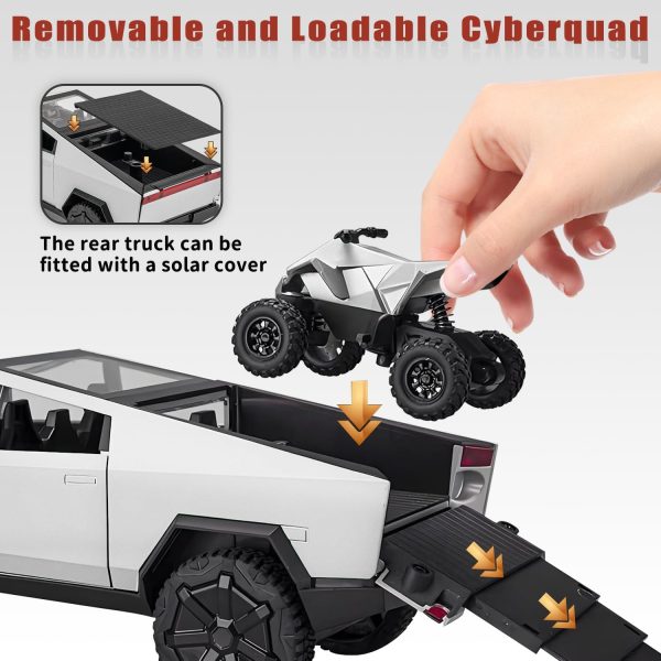 Cybertruck Toy for Kids, Pickup Truck with RV Motorcycle Cybertquad Metal Die-cast Model Car, 1/32 Toy Truck and Trailer with Sound/Light/Pull Back, Ideal Gift for Boys Aged 6 and Up (Silver) - Image 5